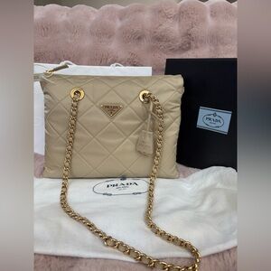 Prada Cream Quilted shoulder Bag with Gold Chain